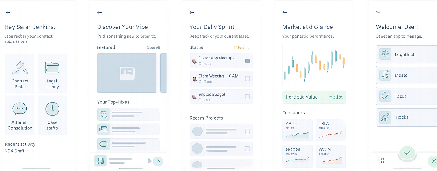 Five product app interfaces built in parallel at the studio