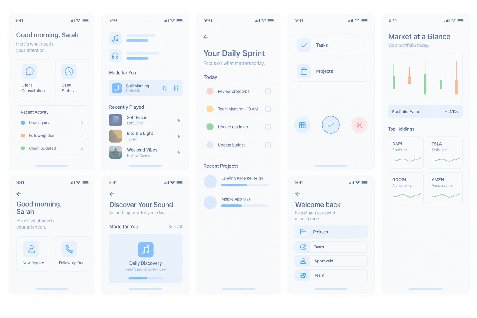 Five product app interfaces built in parallel at the studio